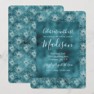 Convites Teal Glitzy Glam Peacock Penas