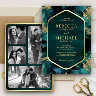 Convites Teal Gold Abstrato Fluido Tinta Foto Casamento