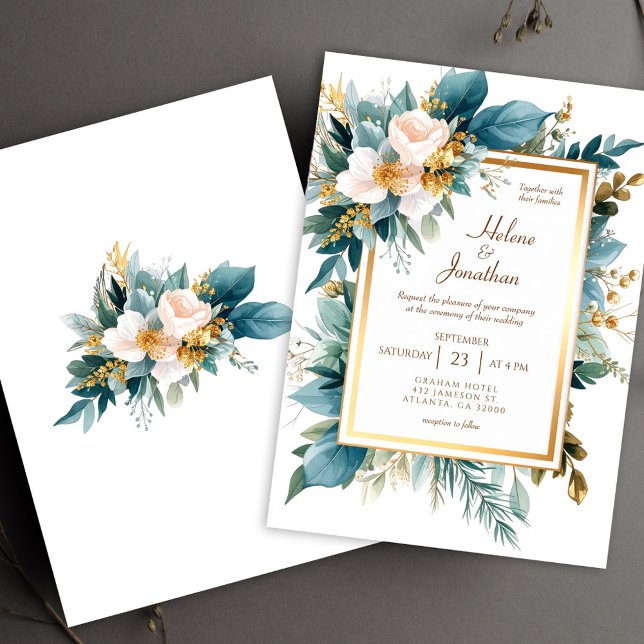 Convites Teal Gold Floral Garden Boho Elegant Wedding (Teal Gold Floral Garden Boho Elegant Wedding Invitation)