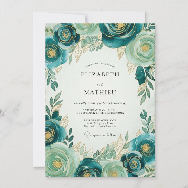 Convites Teal Gold Luxe Botanical Wedding (Frente)