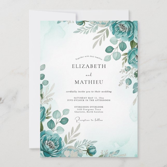 Convites Teal Graceful Watercolor Wedding (Frente)