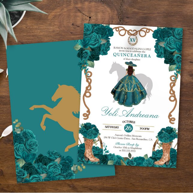 Convites Teal Green Blue Rosa Charro Vestidos Quinceañera (Criador carregado)