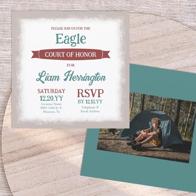 Convites Teal Green, Burgundy Eagle Scout Court of Honor (teal green and burgundy red eagle scout court of honor party invitation with picture, banner ribbon)