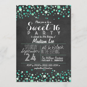 Convites Teal Green Confetti Chalkboard Sweet 16 Party