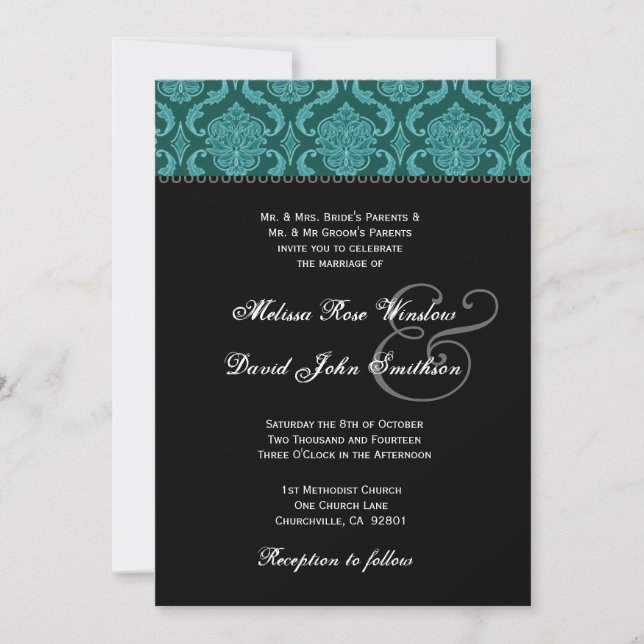 Convites Teal Green Damask and Black Wedding Ver2 (Frente)