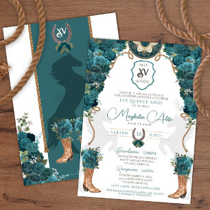 Convites Teal Green Floral Western Charro Quinceañera
