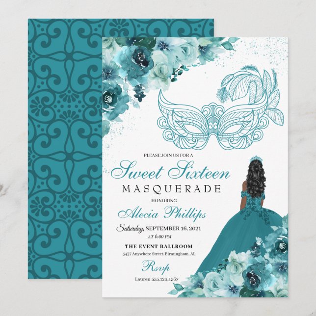 Convites Teal Green Princess Mascarada Sweet 16 (Frente/Verso)