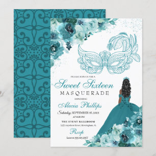 Convites Teal Green Princess Mascarada Sweet 16