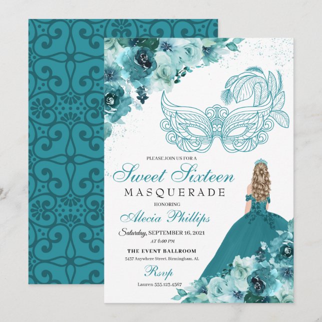 Convites Teal Green Princess Mascarada Sweet 16 (Frente/Verso)