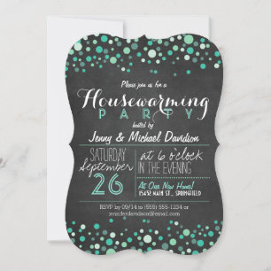 Convites Teal Green Retro Chalkboard Housearming Party