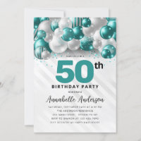 Teal Green Silver Balloon Glitter 50º Aniversário