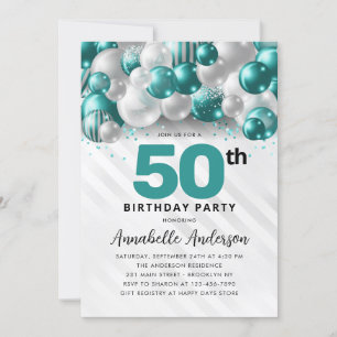 Convites Teal Green Silver Balloon Glitter 50º Aniversário