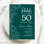 Convites Teal Green Surprise 50º aniversário<br><div class="desc">Teal Green Surpresa 50º Aniversário. A design feminina moderna minimalista apresenta sotaques botânicos e letra de script de tipografia. Simples cartão de convite floral perfeito para uma festa surpresa na moda.</div>