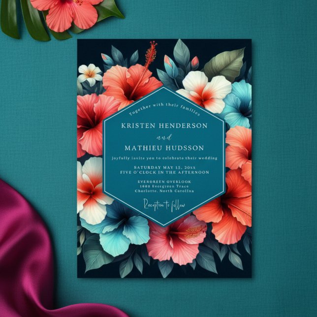 Convites Teal Hibiscus Bloom Romance Wedding (Criador carregado)