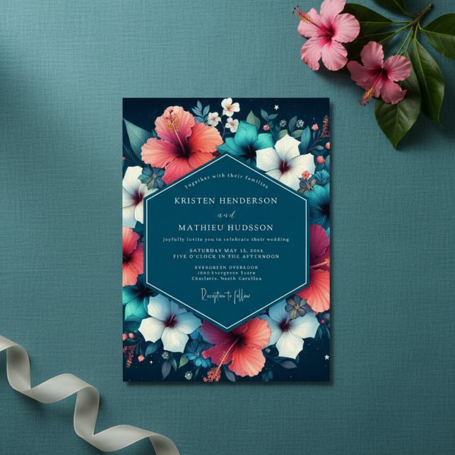Convites Teal Hibiscus Bloom Wedding (Criador carregado)