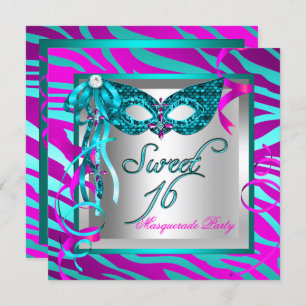Convites Teal Hot Pink Zebra Mascarada Sweet 16 XVI