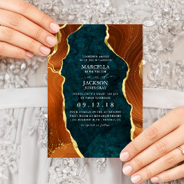 Convites Teal Marble, Laranja Queimado E Agato Dourado