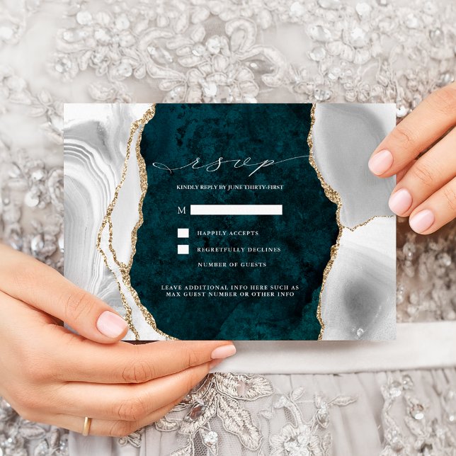 Convites Teal Marble, RSVP de Casamento de Agato Branco e D (Criador carregado)