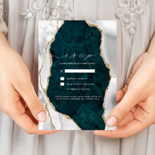 Convites Teal Marble, White & Gold Agate Casamento RSVP