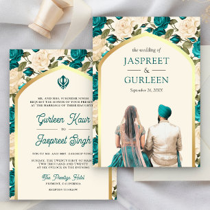 Convites Teal Marfim Floral Punjabi Anand Karaj Casamento S