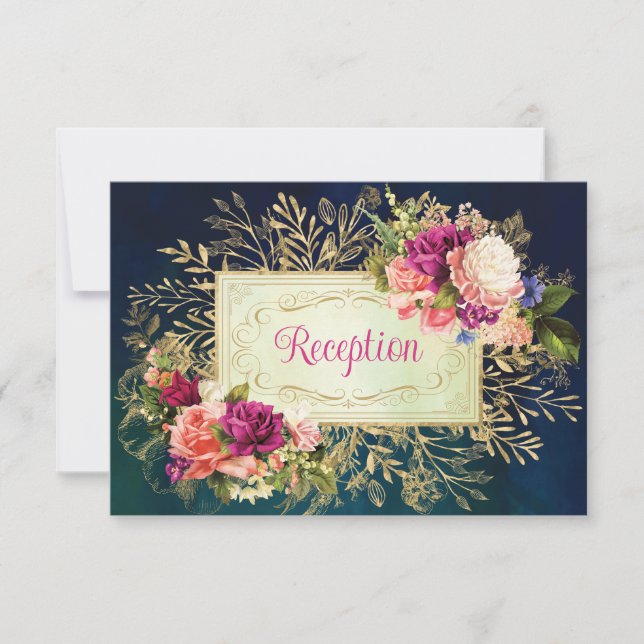 Convites Teal, Marinho, Dourada Prata de Casamento Floral (Frente)