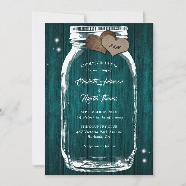 Convites Teal Mason Jar Burlap Hearts Barn Wood Casamento (Frente)
