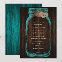 Convites Teal Mason Jar Wood Monogram Burlap Hearts Wedding