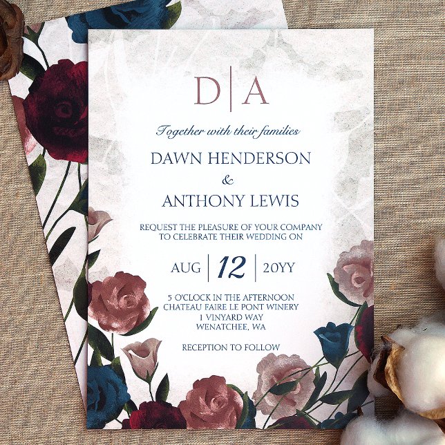 Convites Teal, Mauve Blush, Casamento do Jardim Rosa da Bor (elegant rose bouquet rose garden wedding invitations burgundy, rose pink, teal, beige roses)