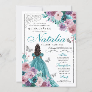 Convites Teal & Mauve Ocean Sunset Princess Quinceanera