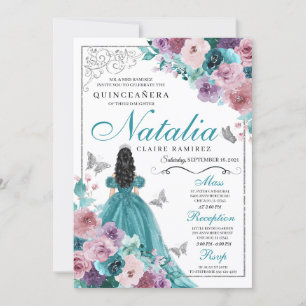 Convites Teal & Mauve Ocean Sunset Princess Quinceanera