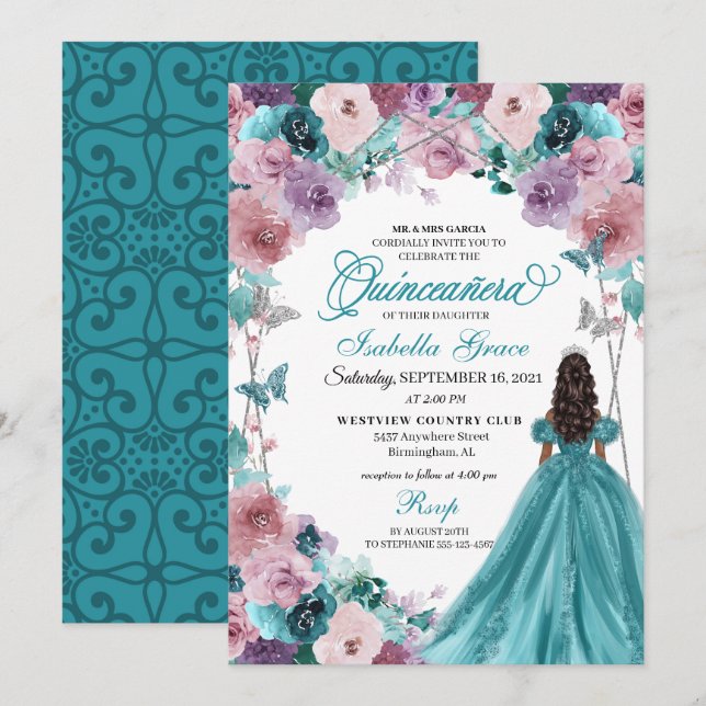 Convites Teal & Mauve Sunset Quinceanera Princess (Frente/Verso)