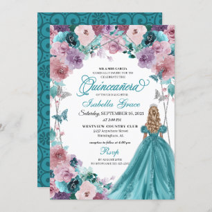 Convites Teal & Mauve Sunset Quinceanera Princess