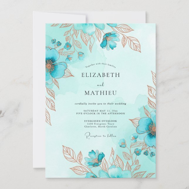 Convites Teal Metallic Watercolor Coastal Wedding (Frente)