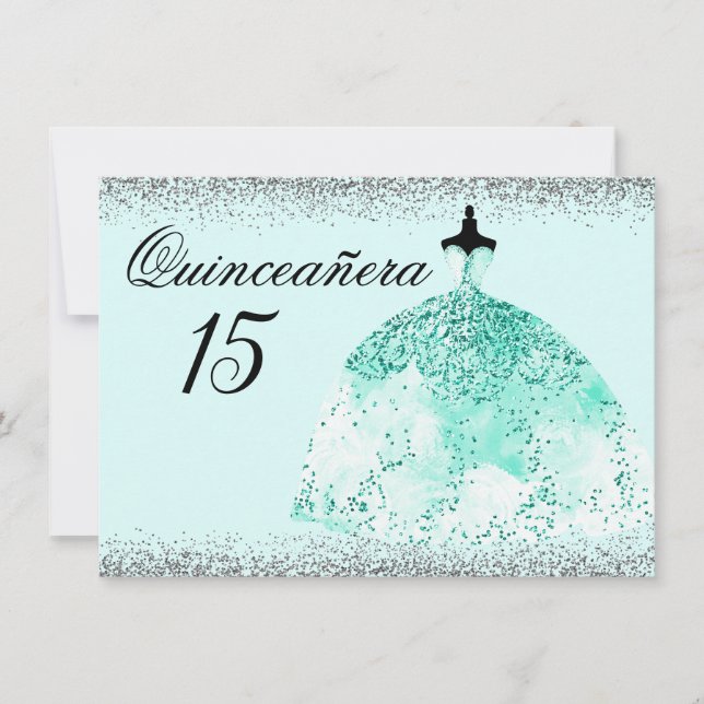 Convites Teal Mint Dress Silver Glitter Quinceanera (Frente)