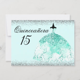 Convites Teal Mint Dress Silver Glitter Quinceanera