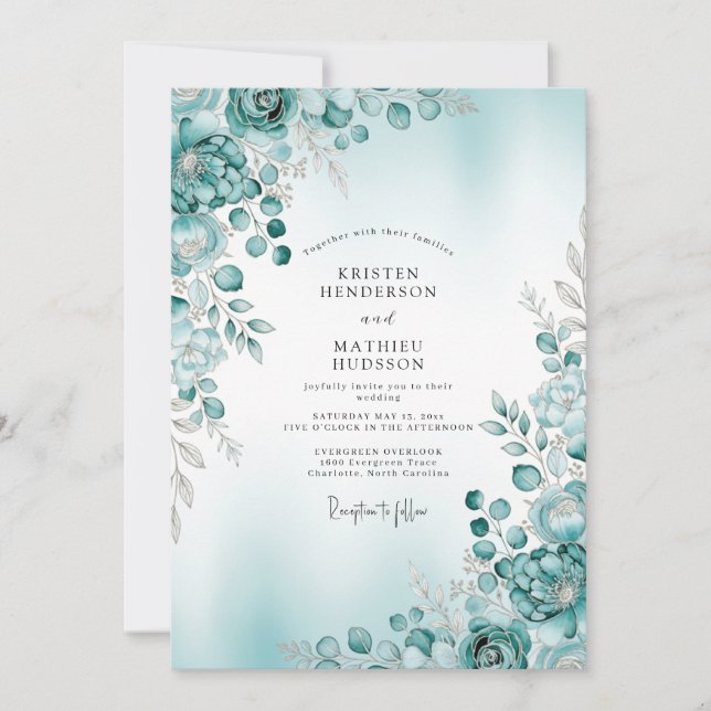 Convites Teal Misty Botanical Winter Wedding (Frente)