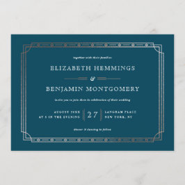 Convites Teal Modern Art Deco Rosa Gold Foil Border Casamen