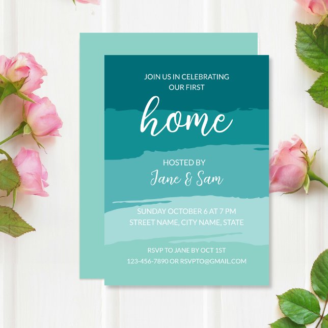 Convites Teal Modern Elegant New Home Housearming Party (Teal Aqua Blue Ombre Brush Modern Elegant New Home Change Of Address Housewarming Party Invitation)
