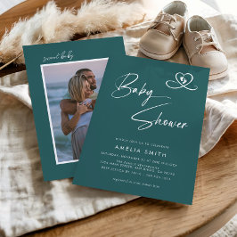 Convites Teal Modern Script Baby Shower Photo