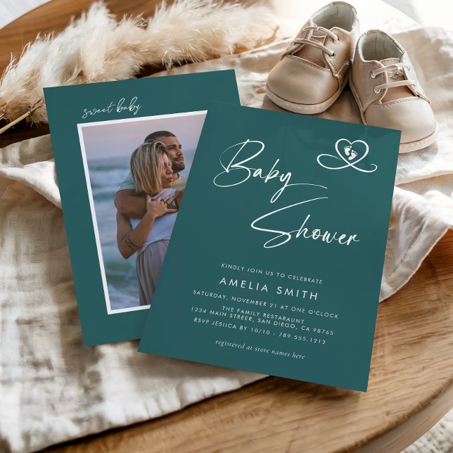 Convites Teal Modern Script Baby Shower Photo (Criador carregado)