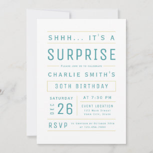 Convites Teal Modern Simple Typografia Surpresa Aniversário