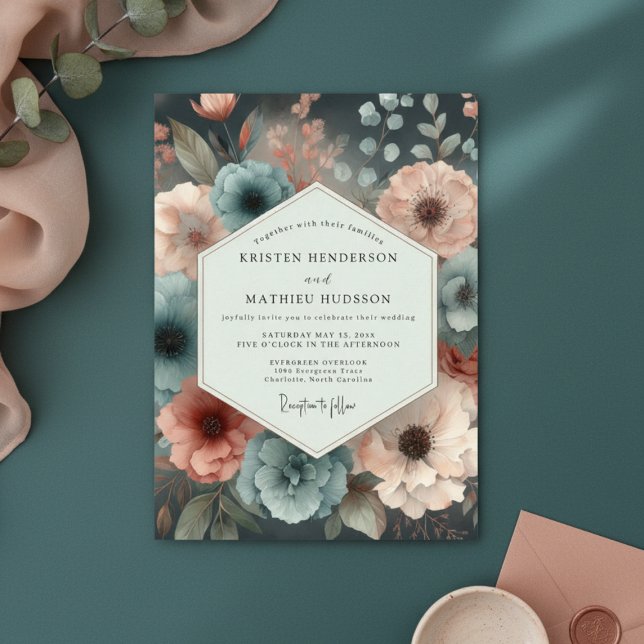 Convites Teal Moody Bloom Romance Wedding (Criador carregado)