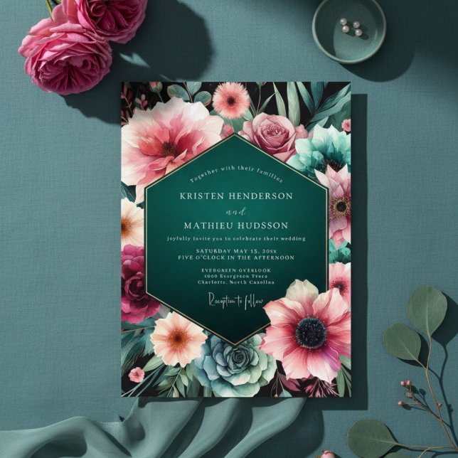 Convites Teal Moody Floral Elegance Wedding (Criador carregado)