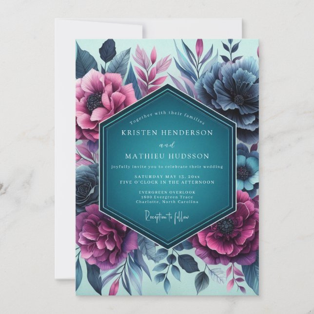 Convites Teal Moody Floral Romance Wedding (Frente)
