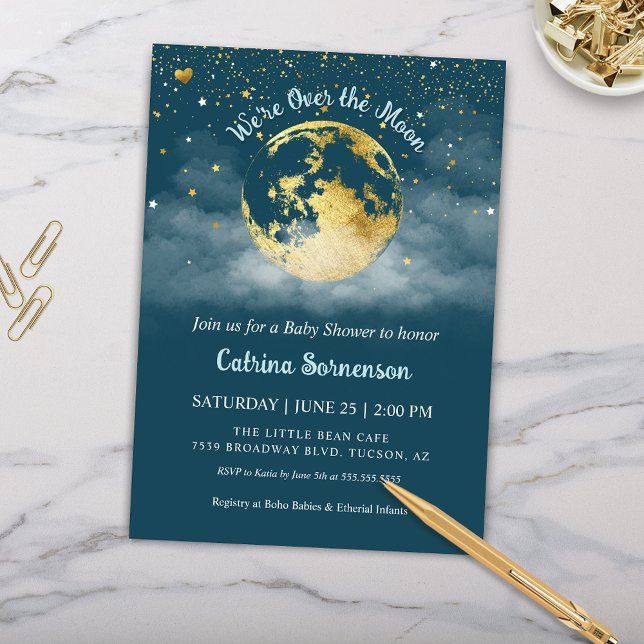 Convites Teal Moon e Stars Dourado Chá de fraldas Celestial (Teal Aqua and Gold Over the Moon Baby Shower Invitation Gender Neutral Celestial Theme)