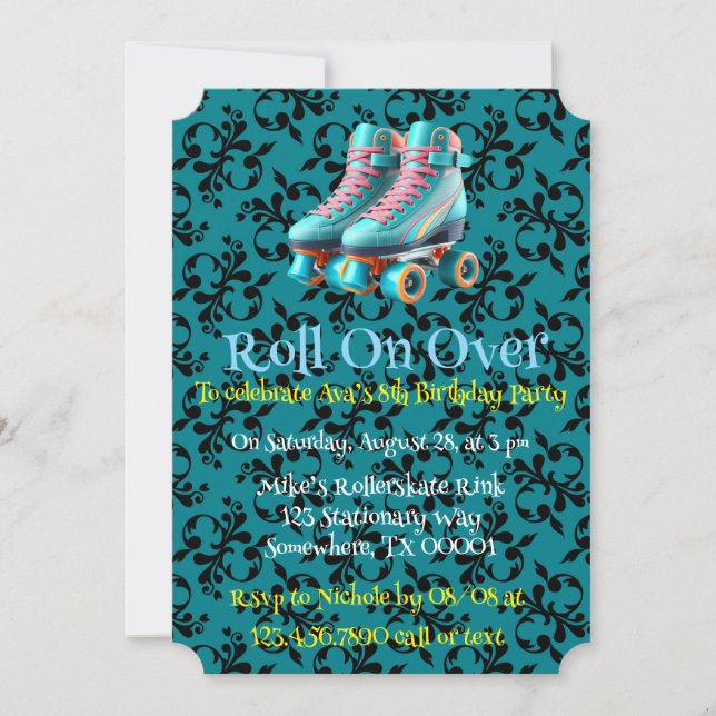 Convites Teal Neon Rollerskate Festa de aniversário (Frente)
