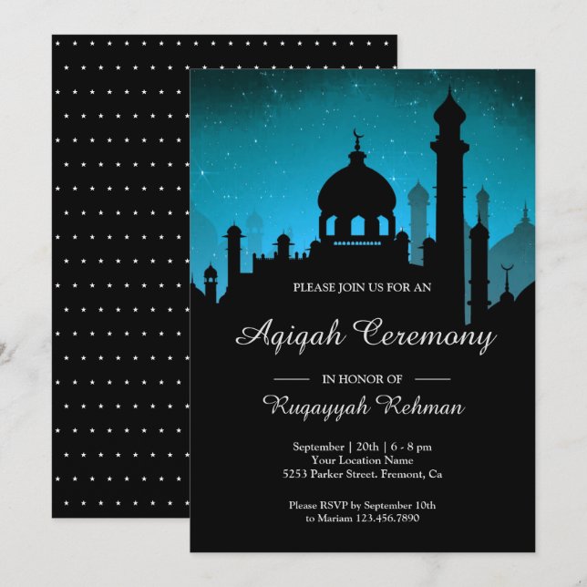 Convites Teal Night Sky Arabian Nights Aqiqah (Frente/Verso)