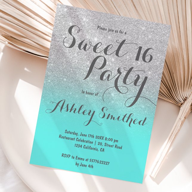 Convites Teal ombre, cor verde-prateada moderna Sweet 16 (Criador carregado)