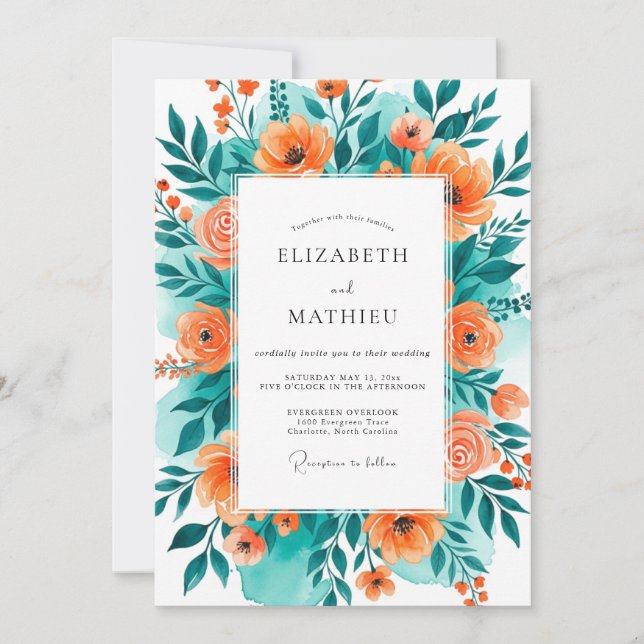 Convites Teal Orange Blissful Summer Wedding (Frente)