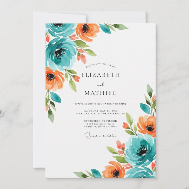 Convites Teal Orange Brilliant Summer Wedding (Frente)
